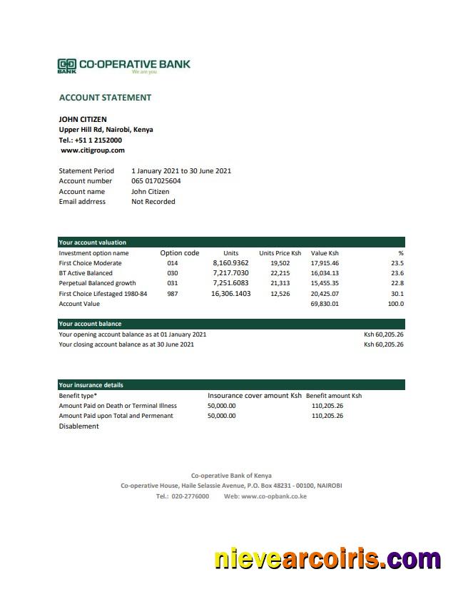 Kenya Co-operative Bank of Kenya bank statement easy to fill in Excel and PDF format